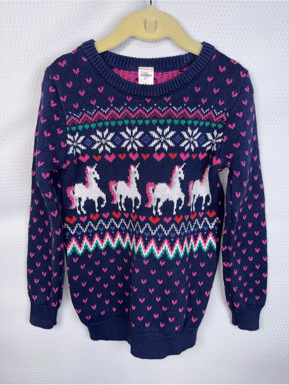 OSH KOSH B’GOSH Unicorn & Snowflake Knit Pullover Sweater Blue Pink Girls Size 4